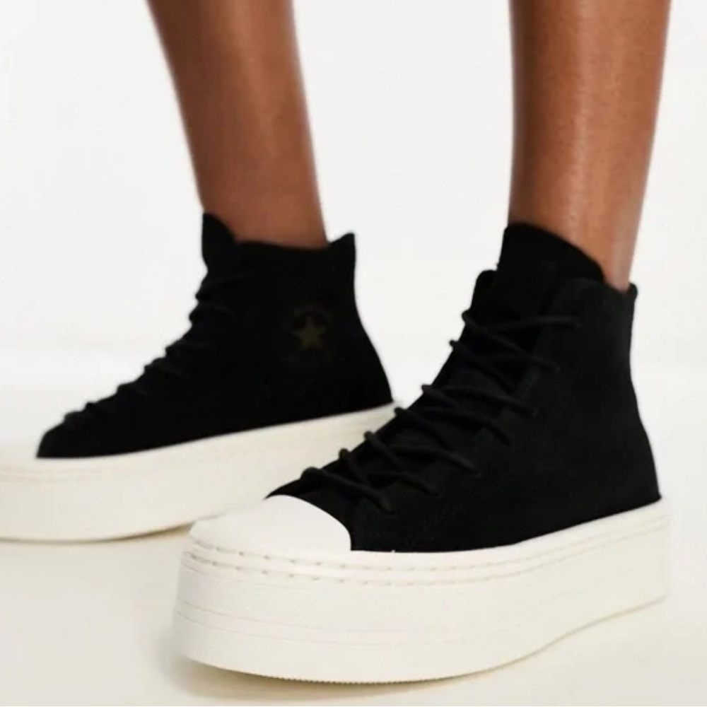 Black suede high top platform converse